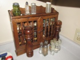 Wooden Spindle 2 Door, Wave Trim Back, Wall Mounted Spice Rack w/ Contents