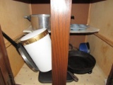 Cabinet Lot - Cast Iron Pans, Baking Tray, Cooler, Etc.
