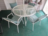 White Metal/Glass Top Patio Table Curved Legs w/ 4 Wire Frame Patio Chairs