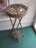 Antique/Worn Patina Green Oval Band Metal Planter Stand, Asian Top/Lower Motif