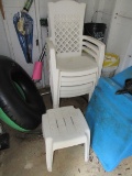6 White Cross-Back Plastic Chairs w/ 2 Stools