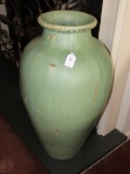 Large Green Ceramic Vase Pot Wide Body Narrow Neck/Top, Brown Mark Motif