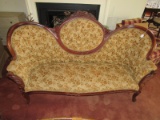 Rococo-Style 3 Person Sofa Dark Wooden Body w/ Brown/Tan Floral Upholstered Pattern
