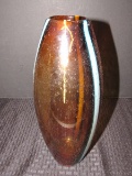 Tall Ceramic Amber/Blue Stripe Glass Vase