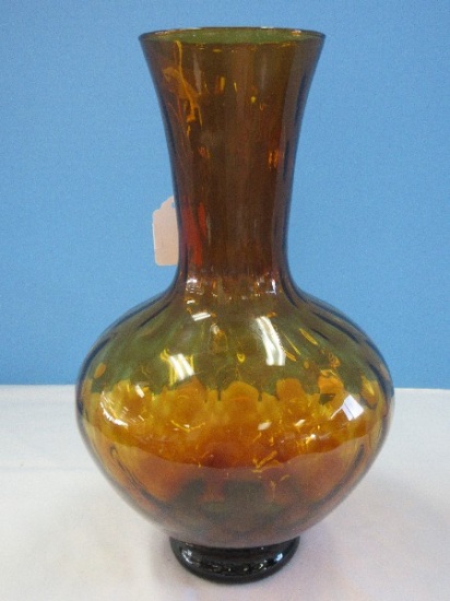 Hand Blown Amber Art Glass 13" Vase Optic Diamond Pattern