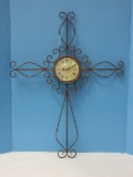 Wrought Scrollwork Design Cross Battery Powered Wall Clock Antiqued Bronze Patina