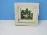 3-D Original Asian Art White Wash Shadow Box Frame Pink Pinwheel Flowering Plant