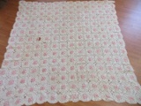 Hand Crocheted Bedspread Lattice Design w/ Pink Rosette Buds