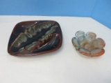 Slag Glass Flower Ashtray & Retro Ceramic Brown Glaze w/ Green Accent Ashtray
