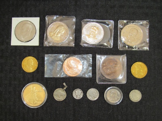 Misc. Coin Lot - Collector Medals, Indian Head Cent, Silver Mercury Dime