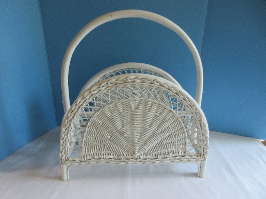 Painted White Wicker Magazine Rack w/ Center Handle
