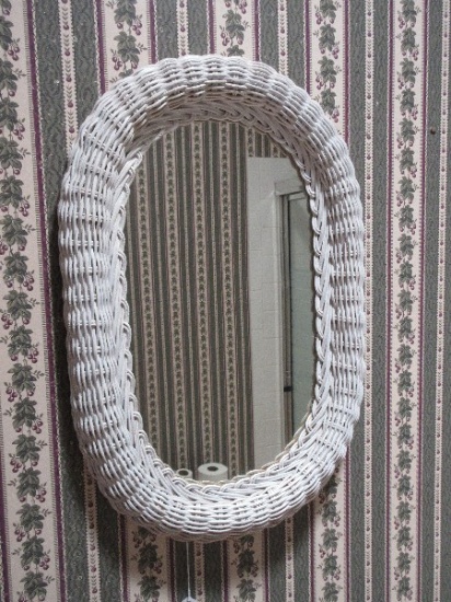 White Wicker Oblong Wall Accent Mirror