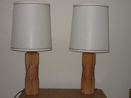 Pair - Unique Mid-Century Modern Style Oak Reed Drum 30 1/2" H Table Lamps