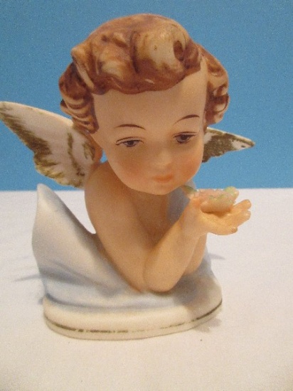 Norcrest Bisque Angel Cherub Bust Holding Rosebuds in The Cleft of His Hands