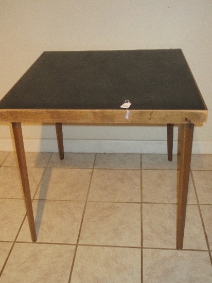 Vintage Wooden Frame Folding Card Game Table w/ Black Vinyl Top