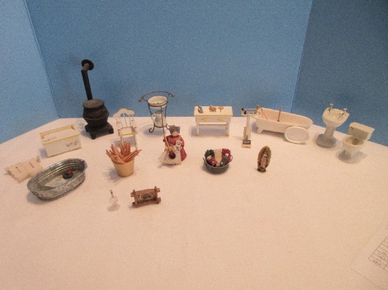 Group - Miniature Doll House Furniture Porcelain 3 Piece Bathroom Fixtures, Mirror