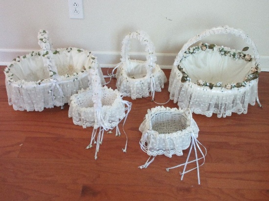 5 White Baskets w/ Lace, Rosebuds & Ribbon Accents Various Sizes