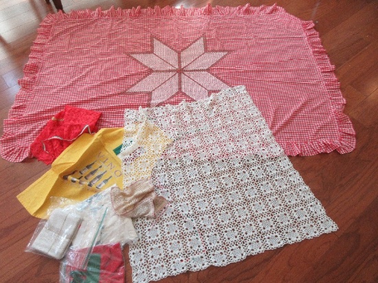 Group - Red Gingham Cross Stitch Ruffled Table Cloth 75 1/2" x 50", Italian Wine Apron