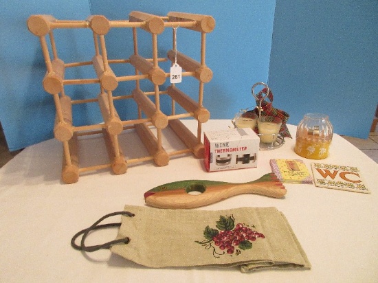 Group - Wooden Wine Bottle Rack 14" x 14 1/4" x 11", Dunns Carved Wood Fish 11 1/2"