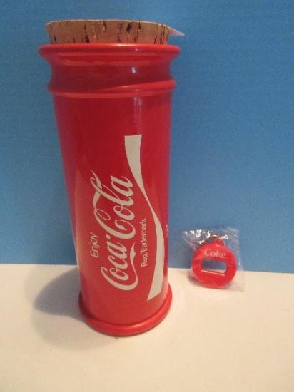 Glass Enjoy Coca-Cola Logo Canister 9 1/2" Cylinder w/ Cock Stopper