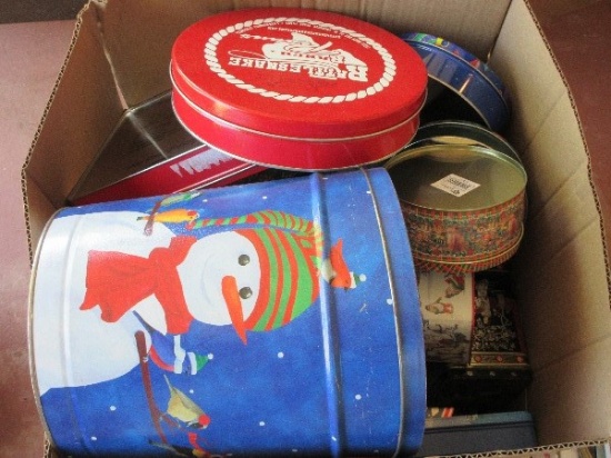 Box of Misc. Tins Christmas Winter & Other