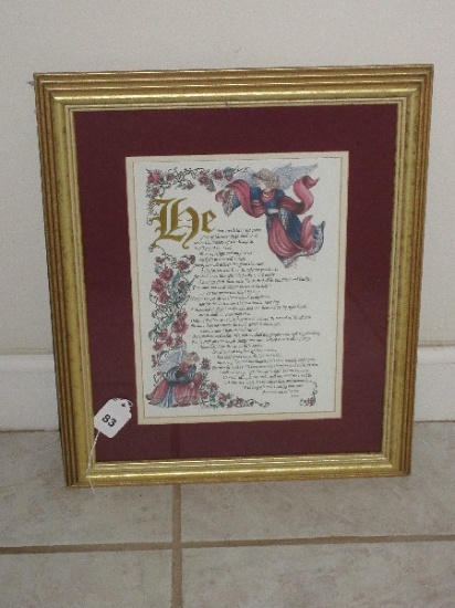 Calligraphy Foil Angels Floral Print Psalm 91 in Antiqued Gilded Patina Frame/Matt