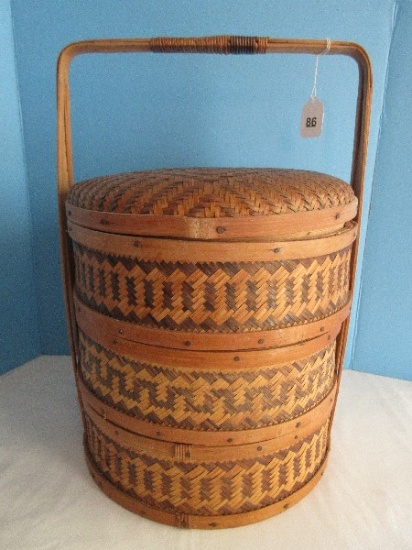 Chinese 3-Tier Stacking Wedding Baskets w/ Bamboo Center Handle & Cover Lid Woven Design