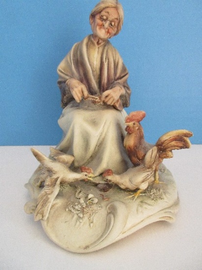 Porcelain A. Borsato Milano-Italy Elderly Woman Knitting w/ Chickens at Feet 6" Figurine