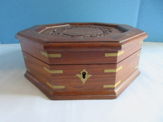 Splendid Octagonal Shape Teakwood Embellished Jewelry Box Marquetry Brass