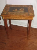 Vintage Marquetry Style Musical Jewelry/Sewing Box Side Table on Sabre Legs