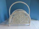 Painted White Wicker Magazine Rack w/ Center Handle