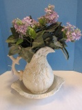 Gorgeous Lefton Ceramic Shallow Wash Bowl w/ Grape Vine Relief Pattern Pitcher & Silk Lilacs