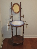 Victorian Era Style Barley Twist Wash Stand w/ Oval Framed Mirror, Dual Towel Bars