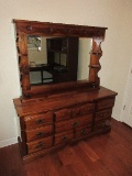 Traditional Early American Style Pine Triple Dresser w/ Attached Mirror Flanked by Shelves