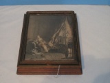 Vintage Jewelry/Keepsake Box w/ Engraved Victorian Parlor Scene w/ Hinged Mirror Lid