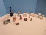 Group - Miniature Doll House Furniture Porcelain 3 Piece Bathroom Fixtures, Mirror