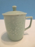 Celadon Coffee Mug w/ Lid Relief Grape Vine Pattern