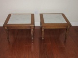 Pair - Italian Neoclassical Style Low Fruitwood Side Tables w/ Marble Insert Tops