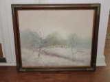 Winter Pastoral Rural Village Scene Original Acrylic on Canvas Artist Signed