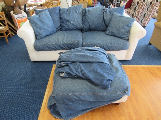 White Fold Out Sealy Sleep Bed/Sofa w/ Denim Seats/Pillows & Denim Ottoman