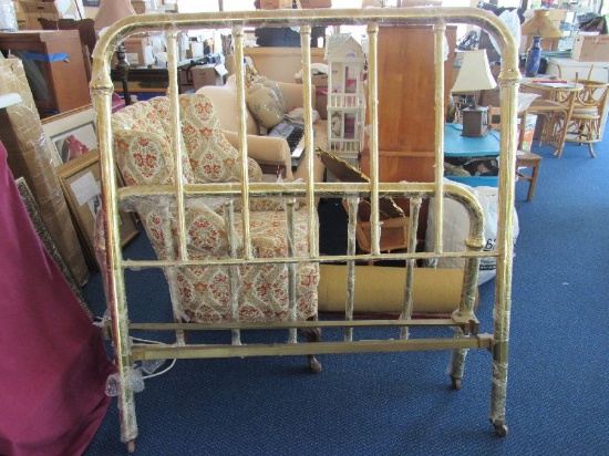 Brass Vintage Slat Design Bed Frame Curved Sides on Casters w/ Rails, Wood Slats