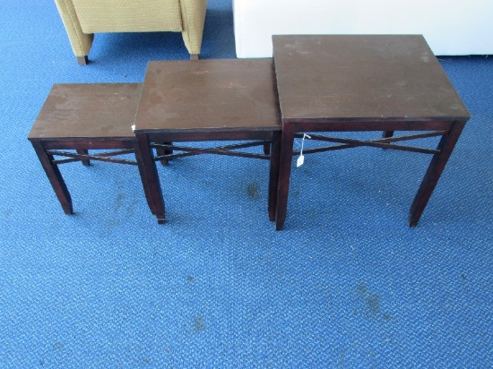 3 Wooden Matching Dark Wooden Side Tables Cross Lattice Sides