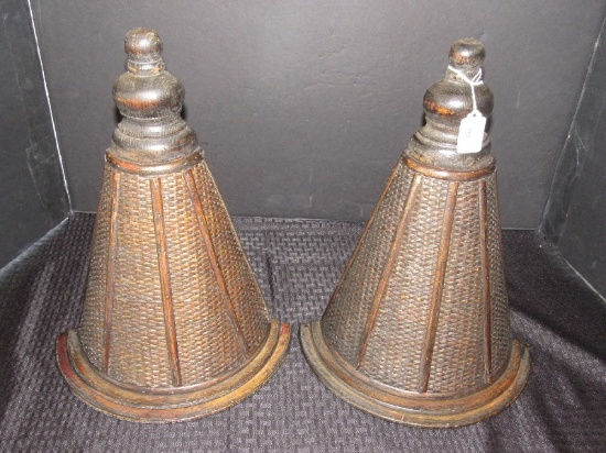 Pair - Dark Wooden Wicker Wall Sconces Spindle Base