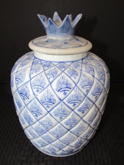 Williams-Sonoma Ceramic Urn Vase Jar w/ Lid, Diamond Patterns/Fan Pattern