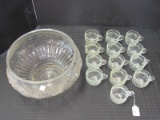 Glass Large Punch Bowl w/ 13 Cups w/ Grape/Fruit Design Pattern