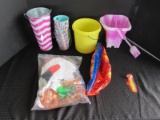 Lot - Plastic Sand Buckets w/ Spade, Blow Up Pool Toys, Metal Buckets, Etc.