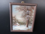 I. Cafier Artist Signed Hand Painted Winter Scene in Wood Frame/Matt