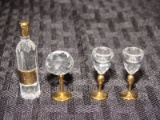 Miniature Crystal Cut Wine Bottle w/ 3 Gilted Wine/Champagne Glasses