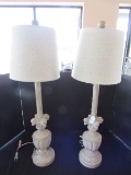 Pair - Antique Patina Design Tall Lamp Scroll/Urn Design Body w/ Shade, Ball Top