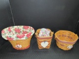 3 Longaberger Wooden Hand Woven Baskets w/ Ceramic Plaques